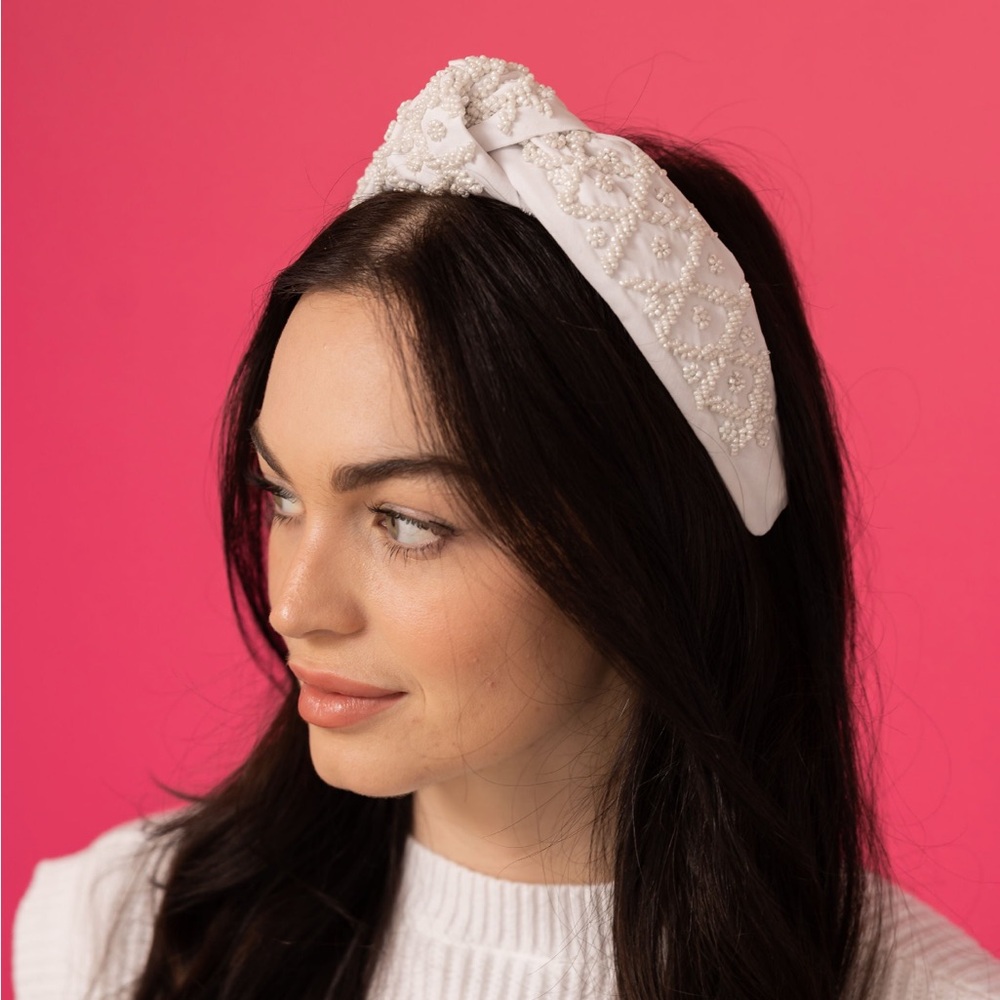 Headband Knot- White Beaded Headband